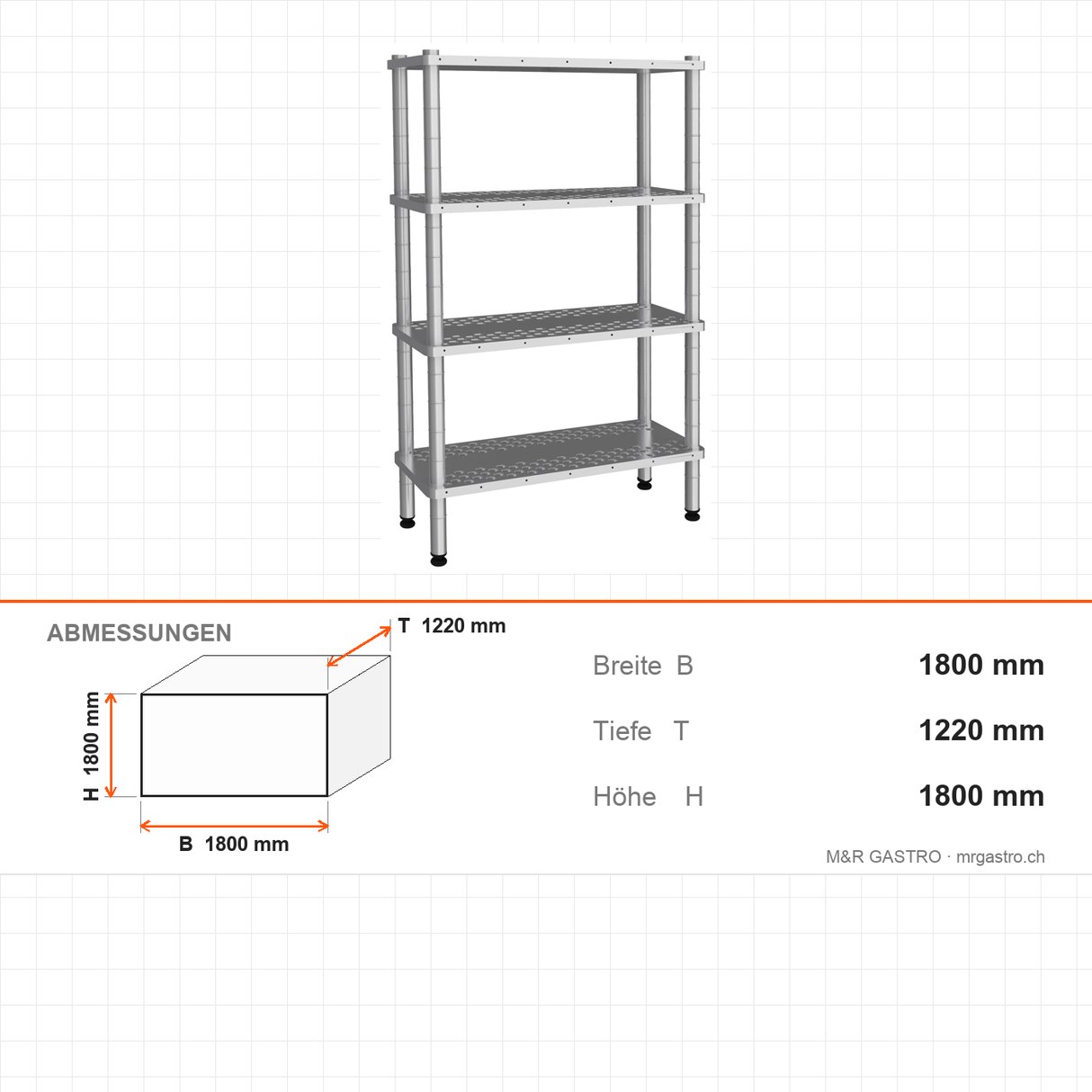 Edelstahlregal AISI 304, 530×1220×1800 mm, 4 Ablagen, Lochböden, 250 kg pro Boden – Abmessungen
