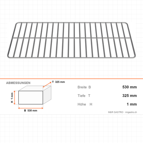 Drahtrost grillagé, GN 1/1, 530×325 mm, für Neutralgeräte, Edelstahl 304 – Abmessungen