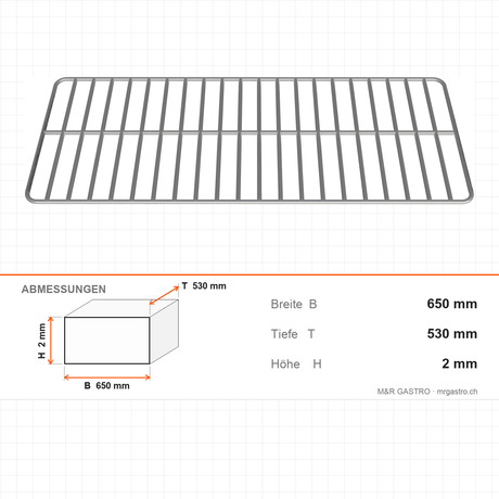 Drahtrost grillagé, GN 2/1, 650×530 mm, für Neutralgeräte, Edelstahl – Abmessungen