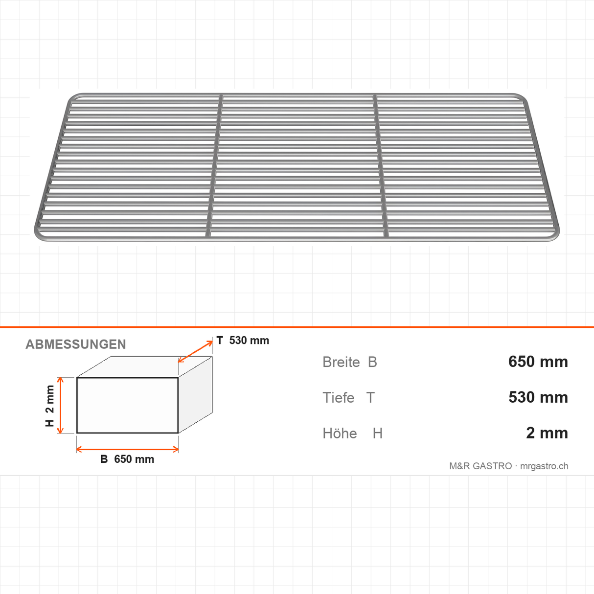 Drahtrost grillagé, GN 2/1, 650×530 mm, für Neutralgeräte, Edelstahl 201 – Abmessungen