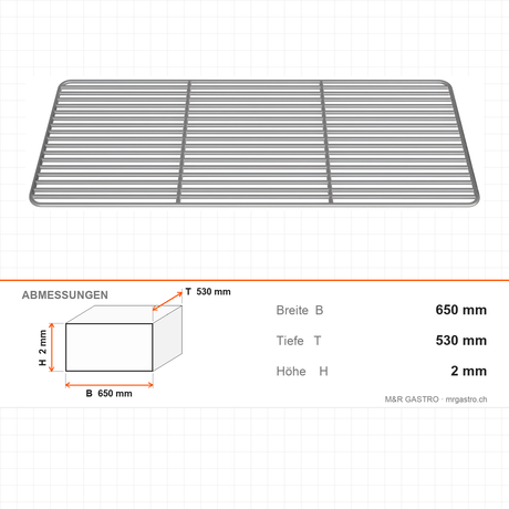 Drahtrost grillagé, GN 2/1, 650×530 mm, für Neutralgeräte, Edelstahl 201 – Abmessungen