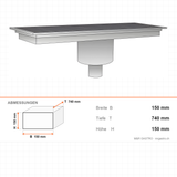 Ablaufboden mit Mittelablauf, Ø 74 mm, 300×740×150 mm, für Neutralregale, Edelstahl – Abmessungen