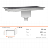 Ablaufboden mit Mittelablauf, Ø 74 mm, 300×2050×150 mm, für Neutralregale, Edelstahl – Abmessungen