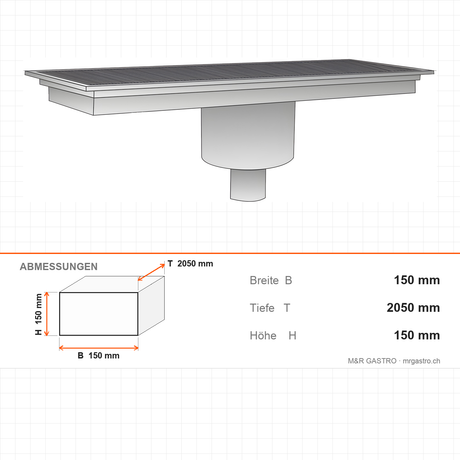 Ablaufboden mit Mittelablauf, Ø 74 mm, 300×2050×150 mm, für Neutralregale, Edelstahl – Abmessungen