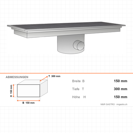 Ablaufboden seitlich, Ø 74 mm, 300×300×150 mm, für Neutralregale, Edelstahl – Abmessungen