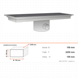 Ablaufboden mit Mittelablauf, Ø 74 mm, 300×2250×150 mm, für Neutralregale, Edelstahl – Abmessungen