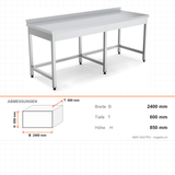 Edelstahl Arbeitstisch, 2400×600×850 mm, mit Aufkantung, höhenverstellbar – Abmessungen