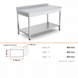 Edelstahl Arbeitstisch, 800×600×850 mm, mit Aufkantung, höhenverstellbar – Abmessungen