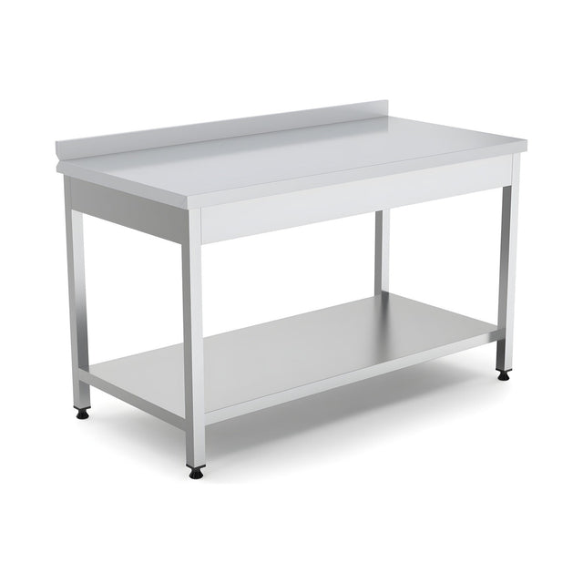 Edelstahl Arbeitstisch, 1400×600×850 mm, mit Aufkantung, höhenverstellbar – Produktbild