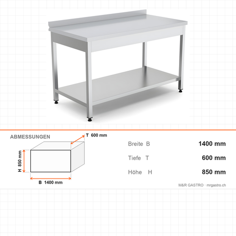 Edelstahl Arbeitstisch, 1400×600×850 mm, mit Aufkantung, höhenverstellbar – Abmessungen