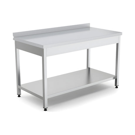 Edelstahl Arbeitstisch, 1800×600×850 mm, mit Grundboden, Aufkantung, höhenverstellbar – Produktbild
