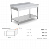 Edelstahl Arbeitstisch, 2200×600×850 mm, mit Grundboden, Aufkantung, höhenverstellbar – Abmessungen