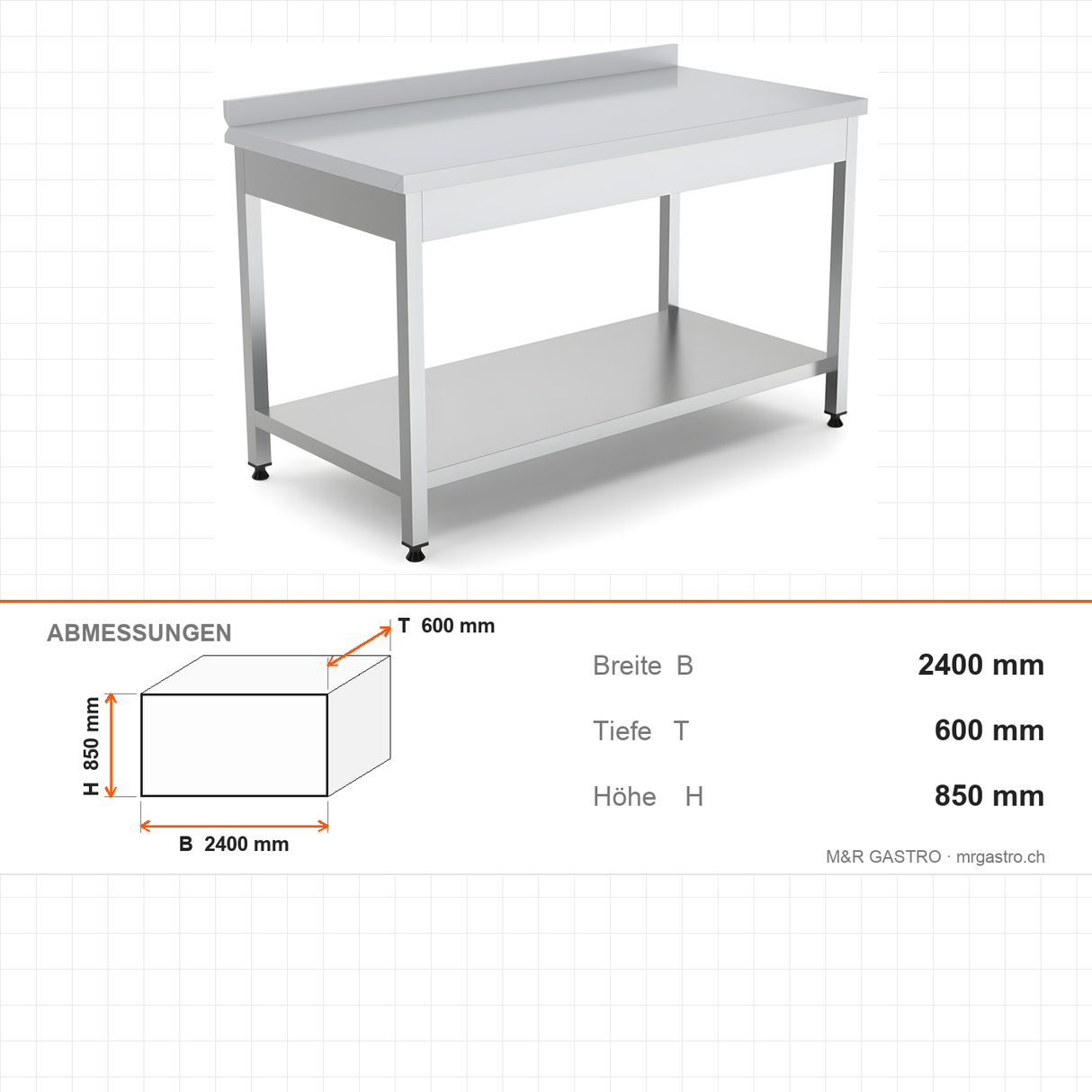 Edelstahl Arbeitstisch, mit Grundboden, mit Rückwand, höhenverstellbare Füße, 2400×600×850 mm – Abmessungen