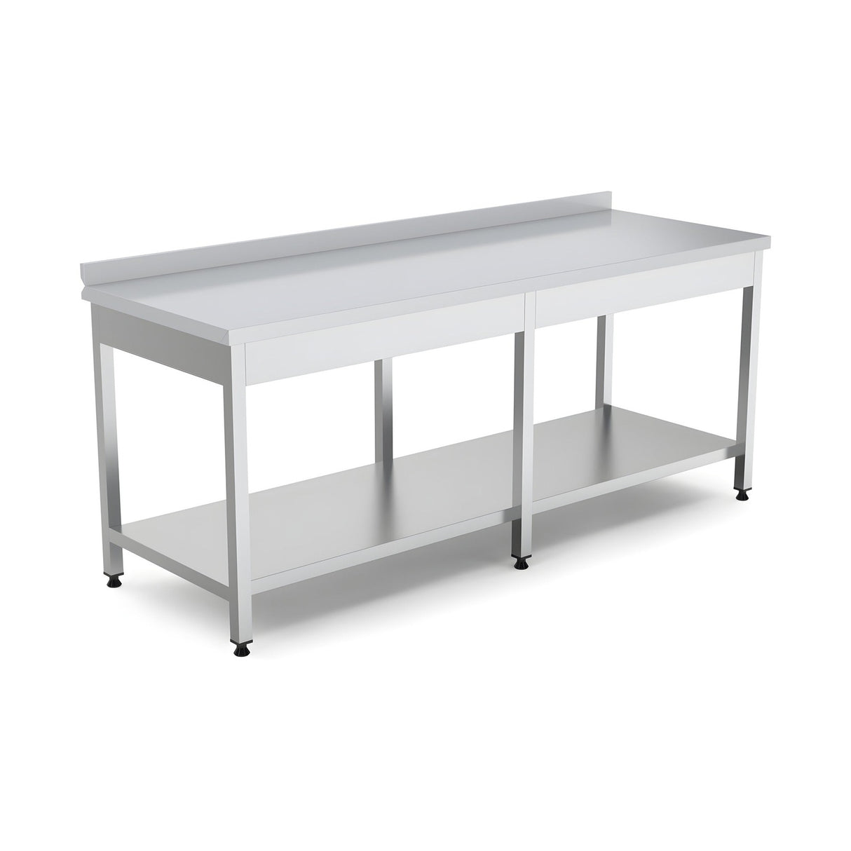 Edelstahl Arbeitstisch, mit Grundboden, mit Rückwand, höhenverstellbare Füße, 1400×700×850 mm – Produktbild