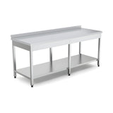 Edelstahl Arbeitstisch, mit Grundboden, mit Rückwand, höhenverstellbare Füße, 1400×700×850 mm – Produktbild