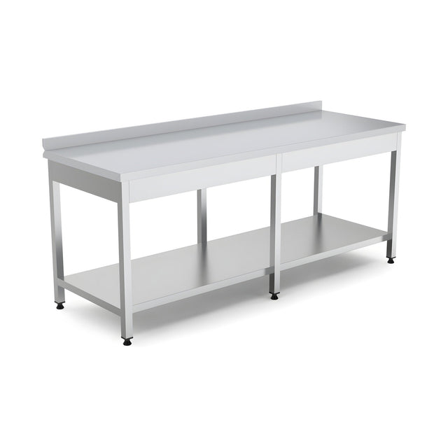 Edelstahl Arbeitstisch, mit Grundboden, mit Rückwand, höhenverstellbare Füße, 1400×700×850 mm – Produktbild