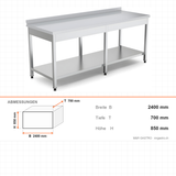 Edelstahl Arbeitstisch, mit Grundboden, mit Rückwand, höhenverstellbare Füße, 2400×700×850 mm – Abmessungen