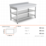 Edelstahl Arbeitstisch, 800×600×850 mm, mit Zwischenboden, Aufkantung, höhenverstellbar – Abmessungen
