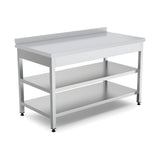 Edelstahl Arbeitstisch, 1600×600×850 mm, mit Zwischenboden, Aufkantung, höhenverstellbar – Produktbild