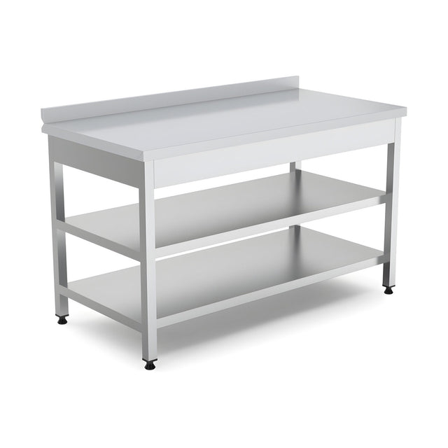 Edelstahl Arbeitstisch, 1800×600×850 mm, mit Zwischenboden, Aufkantung, höhenverstellbar – Produktbild