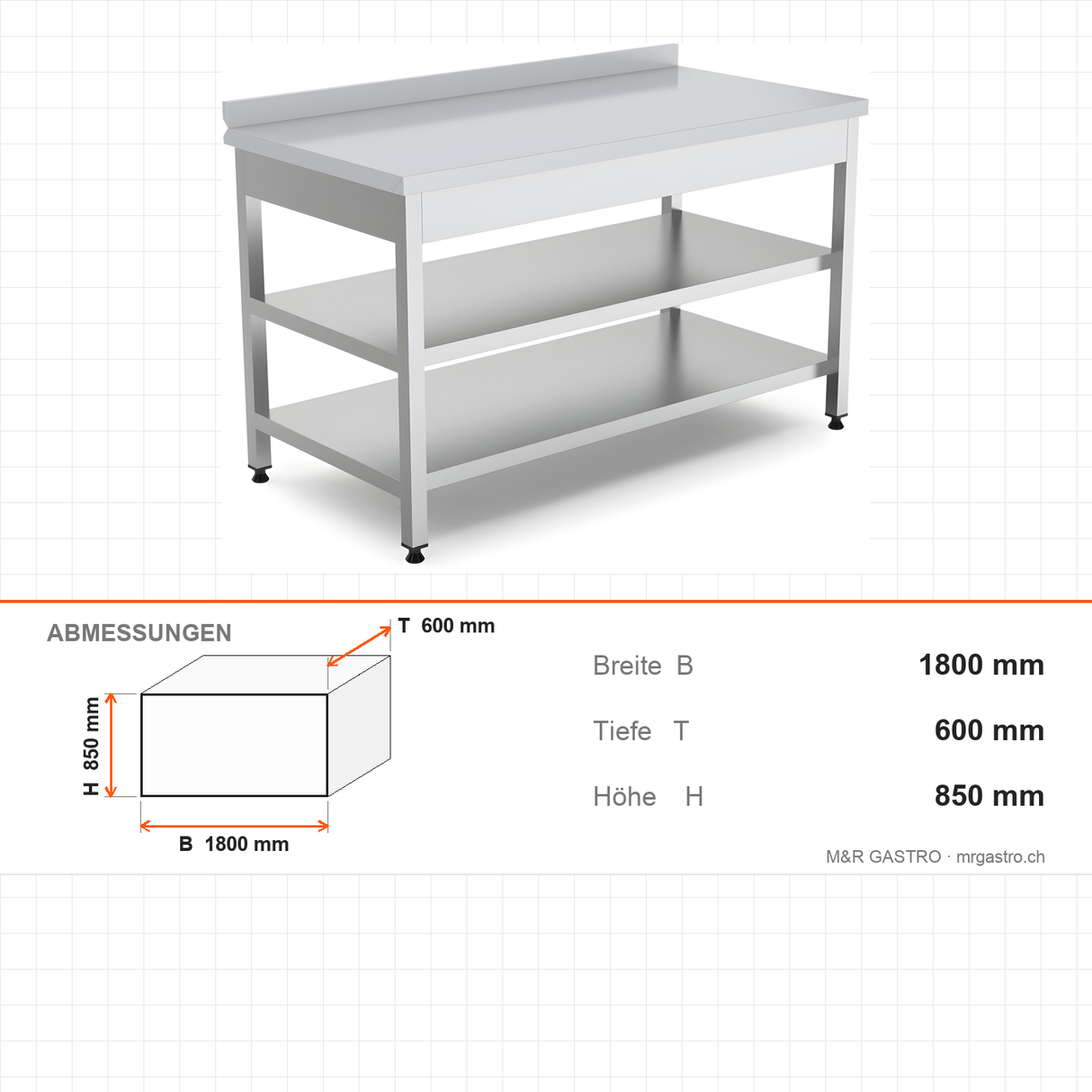 Edelstahl Arbeitstisch, 1800×600×850 mm, mit Zwischenboden, Aufkantung, höhenverstellbar – Abmessungen