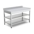 Edelstahl Arbeitstisch, 2400×600×850 mm, mit Zwischenboden, Aufkantung, höhenverstellbar – Produktbild