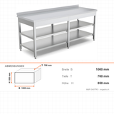 Edelstahl Arbeitstisch, 1000×700×850 mm, mit Zwischenboden, Aufkantung, höhenverstellbar – Abmessungen