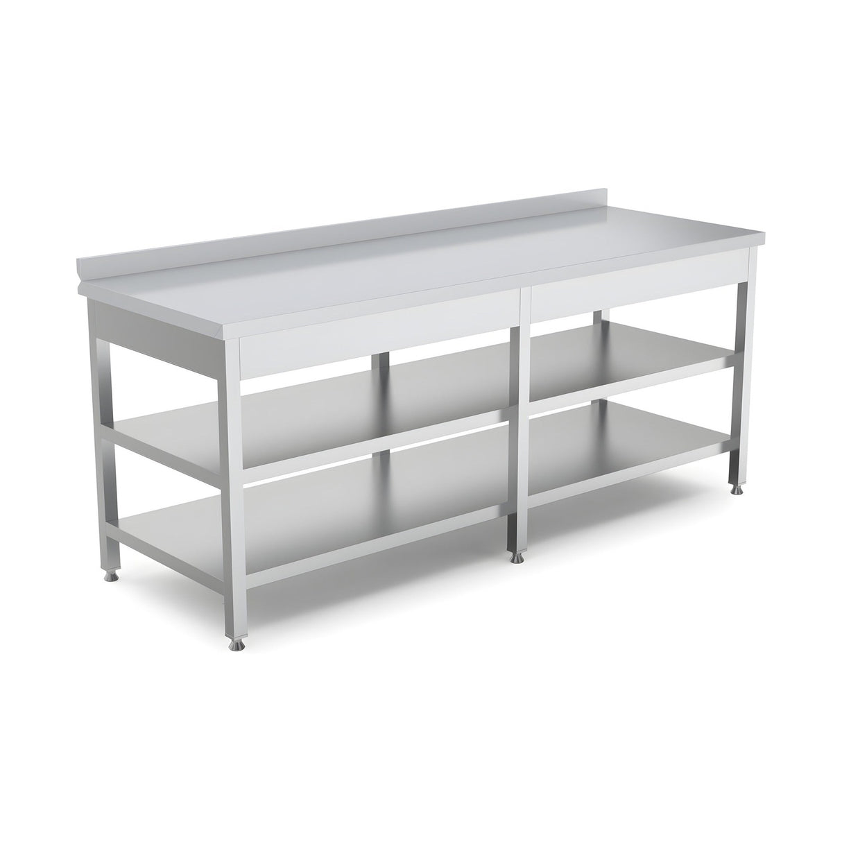 Edelstahl Arbeitstisch, 1200×700×850 mm, mit Zwischenboden, Aufkantung, höhenverstellbar – Produktbild