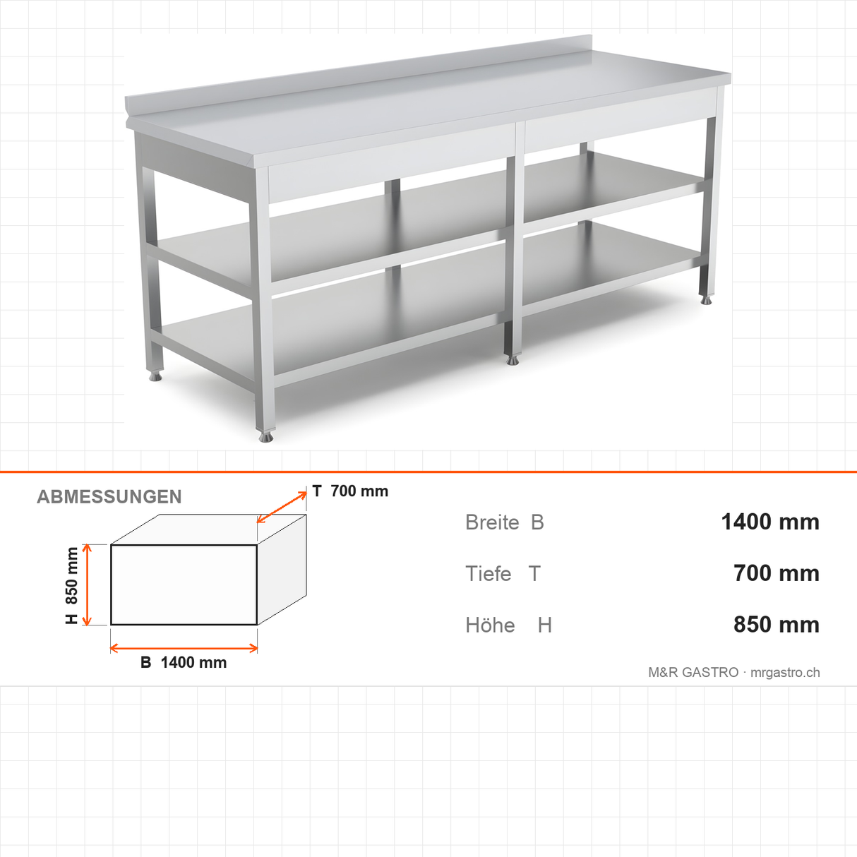 Edelstahl Arbeitstisch, 1400×700×850 mm, mit Zwischenboden, Aufkantung, höhenverstellbar – Abmessungen