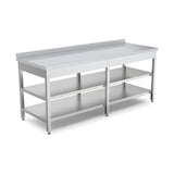 Edelstahl Arbeitstisch, 2200×700×850 mm, mit Zwischenboden, Aufkantung, höhenverstellbar – Produktbild