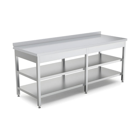 Edelstahl Arbeitstisch, 2400×700×850 mm, mit Zwischenboden, Aufkantung, höhenverstellbar – Produktbild
