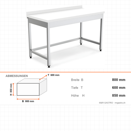 Edelstahl Arbeitstisch, Polyethylen-Tischplatte weiß, mit Rückwand, höhenverstellbare Füße, 800×600×850 mm – Abmessungen