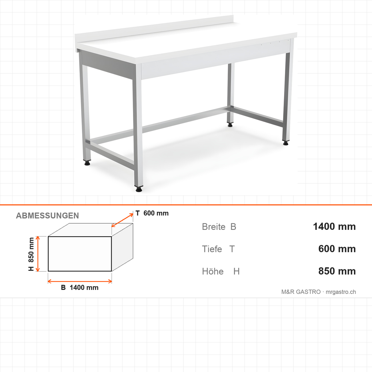 Edelstahl Arbeitstisch, 1400×600×850 mm, mit Aufkantung, Polyethylen-Arbeitsplatte, höhenverstellbar – Abmessungen