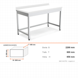 Edelstahl Arbeitstisch, Polyethylen-Tischplatte weiß, mit Rückwand, höhenverstellbare Füße, 2200×600×850 mm – Abmessungen