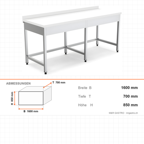 Edelstahl Arbeitstisch, 1600×700×850 mm, mit Aufkantung, Polyethylen-Arbeitsplatte, höhenverstellbar – Abmessungen