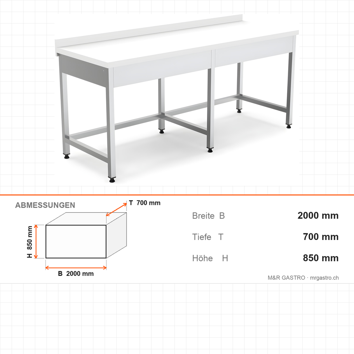 Edelstahl Arbeitstisch, 2000×700×850 mm, mit Aufkantung, Polyethylen-Arbeitsplatte, höhenverstellbar – Abmessungen