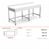 Edelstahl Arbeitstisch, 2200×700×850 mm, mit Aufkantung, Polyethylen-Arbeitsplatte, höhenverstellbar – Abmessungen
