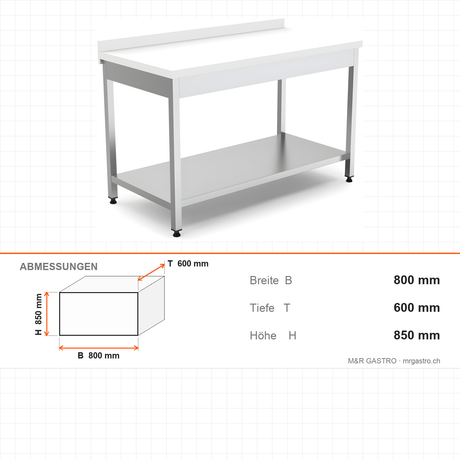 Edelstahl Arbeitstisch, 800×600×850 mm, mit Zwischenboden, Aufkantung, Polyethylen-Arbeitsplatte, höhenverstellbar – Abmessungen
