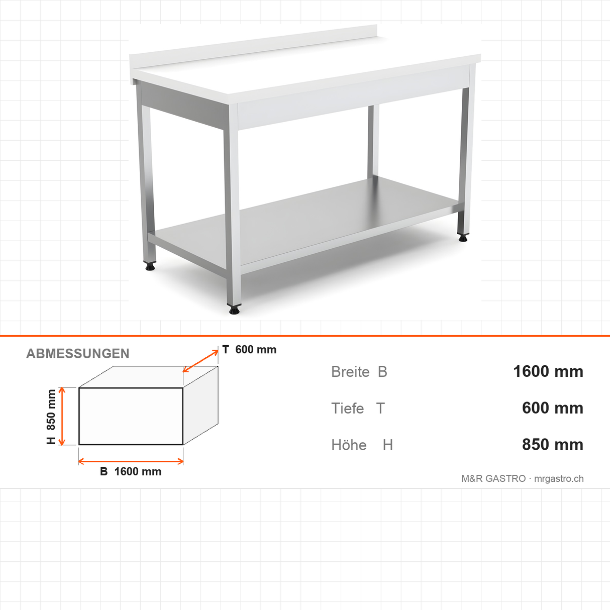 Arbeitstisch Edelstahl, 1600×600×850 mm, mit Zwischenboden, höhenverstellbare Füße – Abmessungen