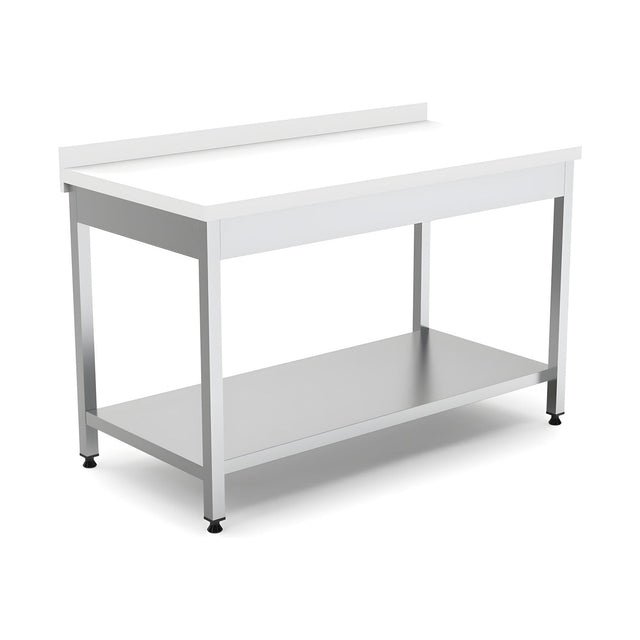 Edelstahl Arbeitstisch, 2000×600×850 mm, mit Grundboden, Aufkantung, Polyethylen-Arbeitsplatte, höhenverstellbar – Produktbild