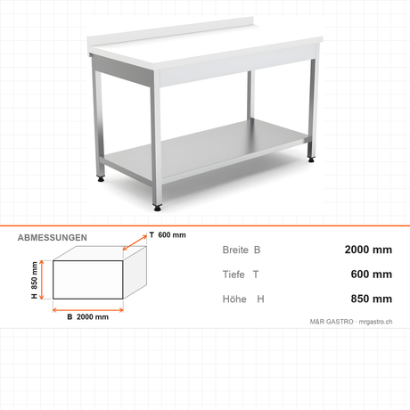 Edelstahl Arbeitstisch, 2000×600×850 mm, mit Grundboden, Aufkantung, Polyethylen-Arbeitsplatte, höhenverstellbar – Abmessungen