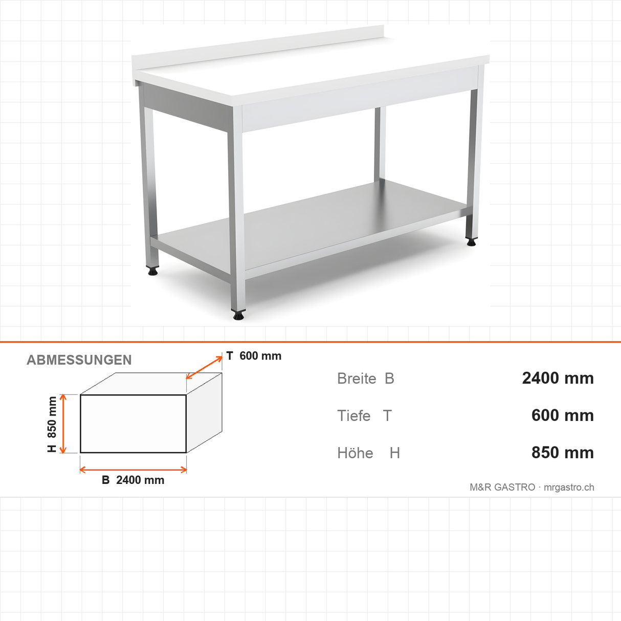 Edelstahl Arbeitstisch, mit Zwischenboden, Polyethylen-Arbeitsplatte weiß, mit Rückwand, höhenverstellbare Füße, 2400×600×850 mm – Abmessungen