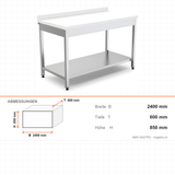 Edelstahl Arbeitstisch, mit Zwischenboden, Polyethylen-Arbeitsplatte weiß, mit Rückwand, höhenverstellbare Füße, 2400×600×850 mm – Abmessungen
