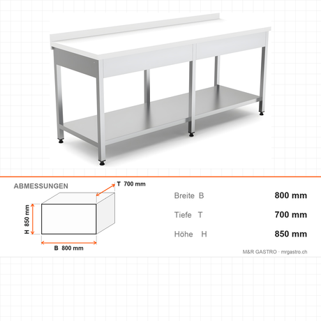 Edelstahl Arbeitstisch, 800×700×850 mm, mit Grundboden, Aufkantung, Polyethylen-Arbeitsplatte, höhenverstellbar – Abmessungen