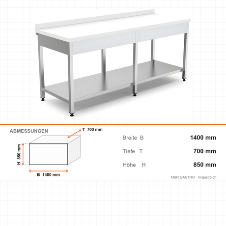 Edelstahl Arbeitstisch, mit Zwischenboden, Polyethylen-Tischplatte weiß, mit Rückwand, höhenverstellbare Füße, 1400×700×850 mm – Abmessungen