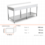 Edelstahl Arbeitstisch, 1600×700×850 mm, mit Grundboden, Aufkantung, Polyethylen-Arbeitsplatte, höhenverstellbar – Abmessungen