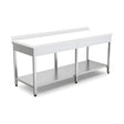 Edelstahl Arbeitstisch, mit Zwischenboden, Polyethylen-Arbeitsplatte weiß, mit Rückwand, höhenverstellbare Füße, 2000×700×850 mm – Produktbild
