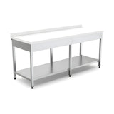 Edelstahl Arbeitstisch, mit Zwischenboden, Polyethylen-Arbeitsplatte weiß, mit Rückwand, höhenverstellbare Füße, 2000×700×850 mm – Produktbild