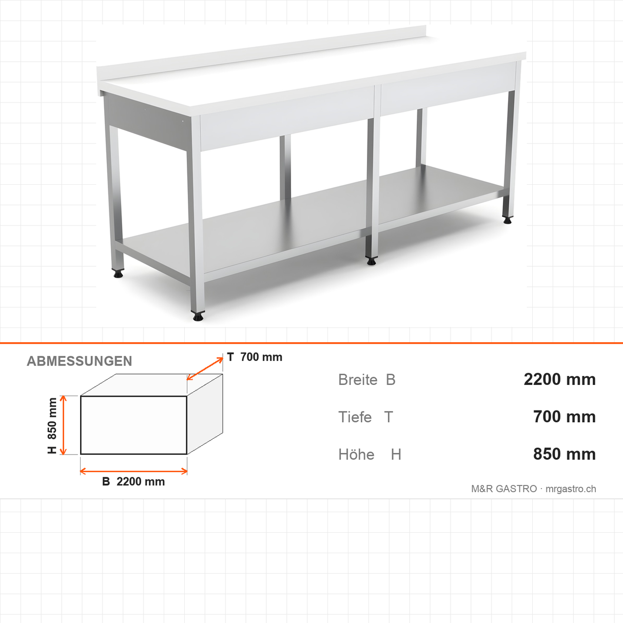 Edelstahl Arbeitstisch, 2200×700×850 mm, mit Zwischenboden, Aufkantung, Polyethylen-Arbeitsplatte, höhenverstellbar – Abmessungen