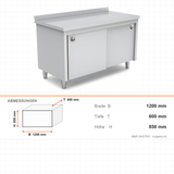 Edelstahl Arbeitstisch, 1200×600×850 mm, mit Schrank, Aufkantung, höhenverstellbar – Abmessungen